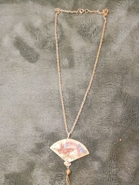 Vintage Asian Style Articulated Necklace Folding Fan Pendant Phoenix And Crane